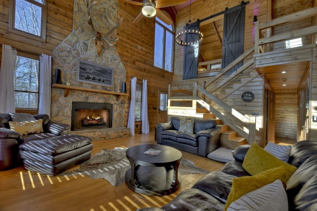 TV, fireplace, books, offices