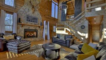 TV, fireplace, books, offices