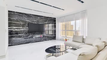 Luxury Apartment, 3 Bedrooms, Balcony, Marina View | Living area | 75-inch LED TV with satellite channels, TV, Netflix
