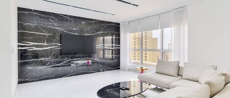 Luxury Apartment, 3 Bedrooms, Balcony, Marina View | Living area | 75-inch LED TV with satellite channels, TV, Netflix