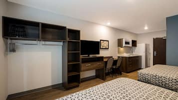 Desk, laptop workspace, blackout curtains, free WiFi