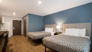 Desk, laptop workspace, blackout curtains, free WiFi