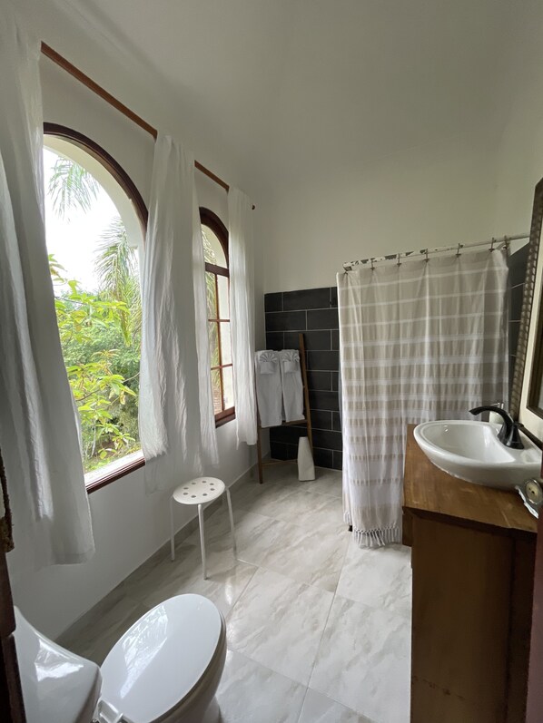A bathroom with a toilet, sink, and shower area.