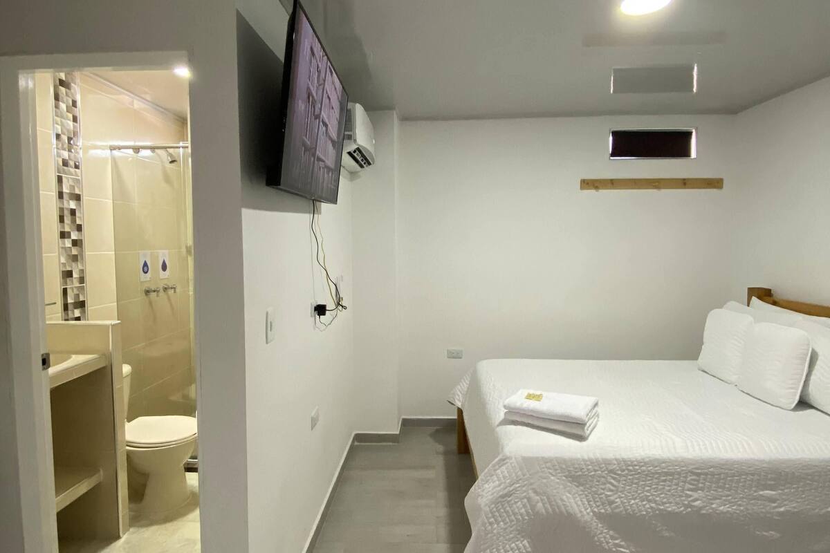 A bedroom with a bed, a TV mounted on the wall, and a shower area.