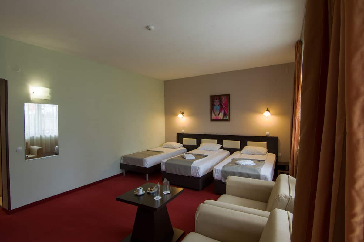 Una habitación de hotel con dos camas individuales, un sofá, una mesita y un espejo.