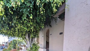 A building with a stone staircase leading to an entrance, a number '147' sign, and a tree with green leaves overhanging the entrance. - The Dolphin: Beach~Workspace~W/D incl~PetsOK (Long Beach)