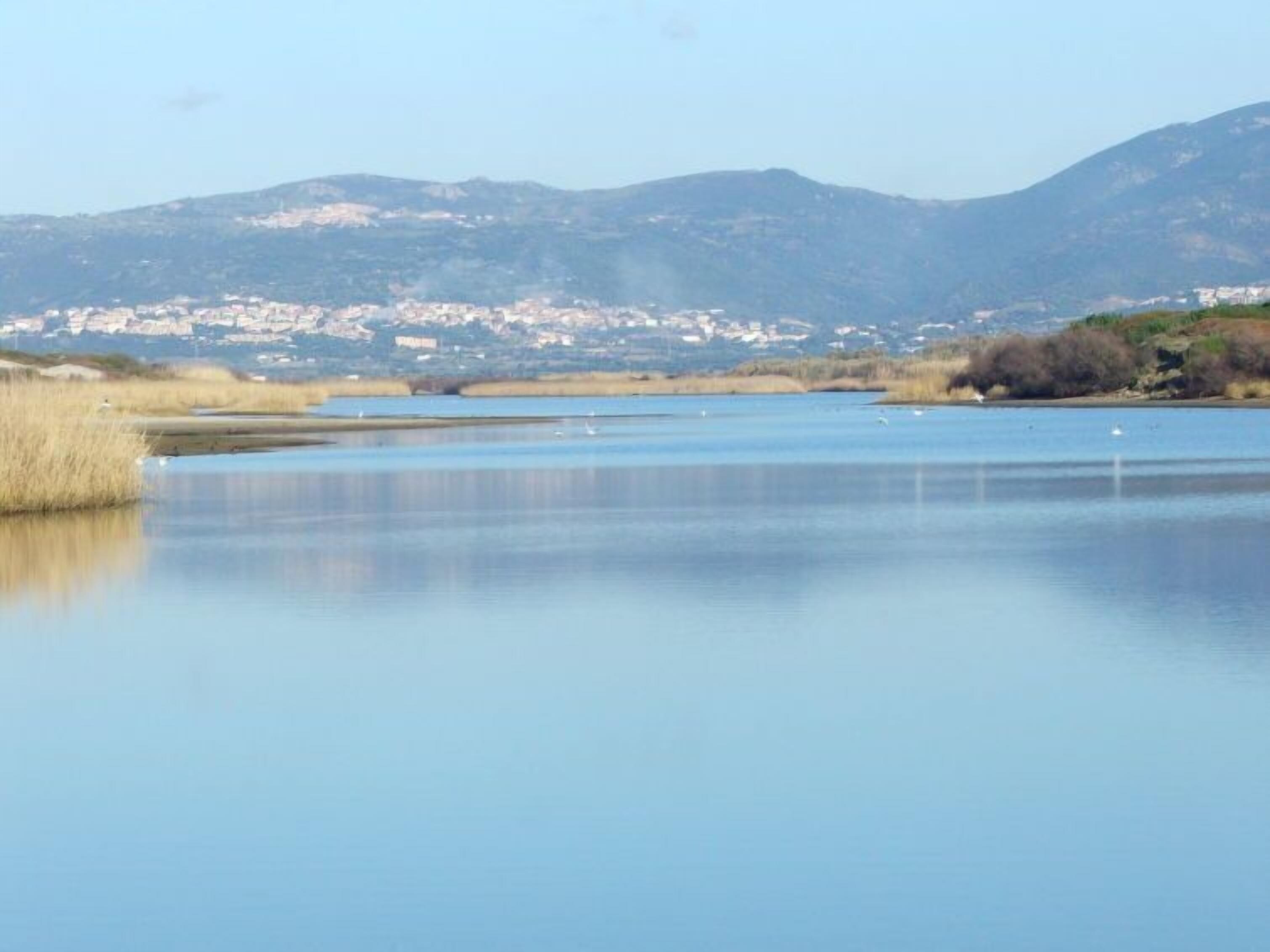 A calm lake with mountains in the background and a small town across the water.