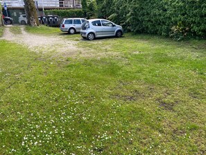 Eine begrünte Fläche mit zwei parkenden Autos und einem Baum.