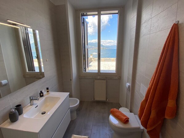 Une salle de bain avec une grande fenêtre, une baignoire, des toilettes et un porte-serviettes.