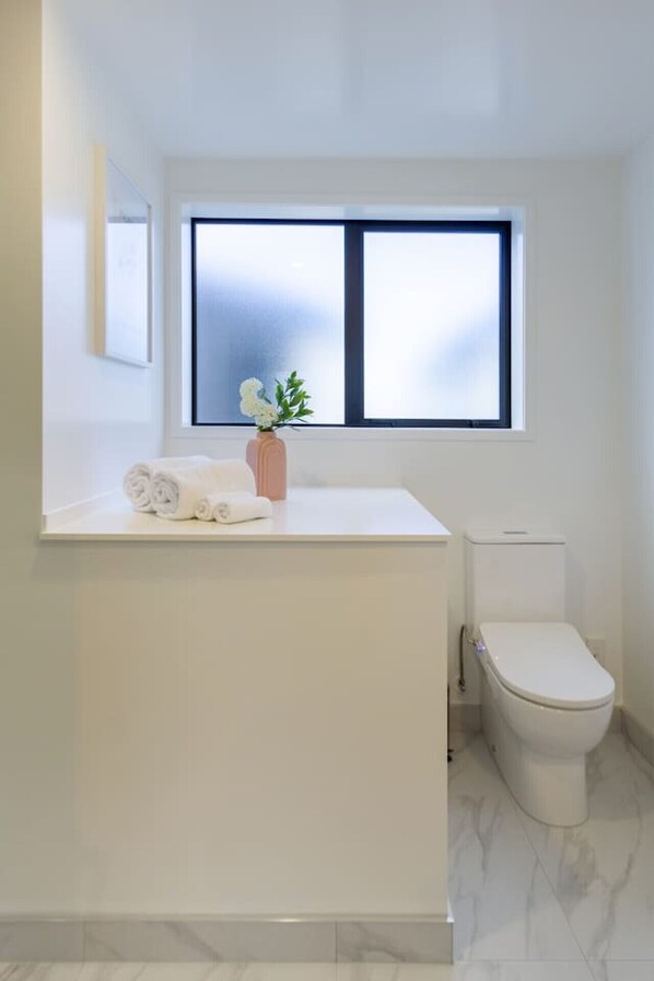 A bathroom with a white vanity, a toilet, and a window with frosted glass.
