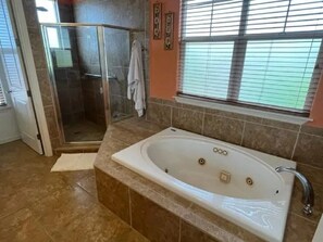 Hair dryer, towels, soap, shampoo