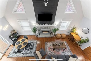 Smart TV, fireplace, video games, foosball