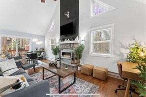 Smart TV, fireplace, video games, foosball