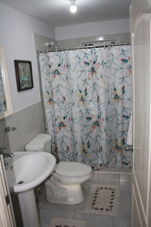 A bathroom with a toilet, sink, and shower curtain with a floral pattern.