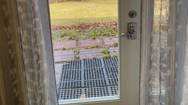 A door with a view of a forest and a metal grate. - The Cozy Pine, where your Grand Marais Retreat Begins! (Grand Marais)