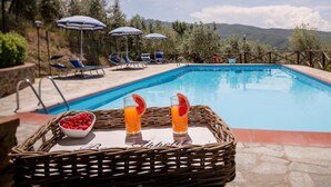 Une scène au bord de la piscine, avec un panier en osier contenant un saladier rempli de baies et deux boissons décorées de tranches d’agrumes, donnant sur une piscine et un paysage montagneux.