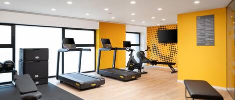 Un gimnasio moderno con cintas de correr, bancos y máquinas de pesas.
