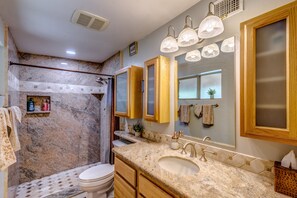 Shower, jetted tub, hair dryer, towels