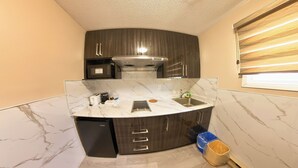 Una cocina compacta con microondas integrado, extractor, lavaplatos y fregadero.