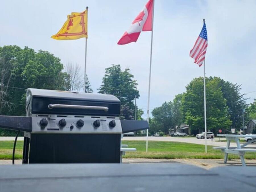A barbecue grill in an outdoor setting with flags and picnic tables.