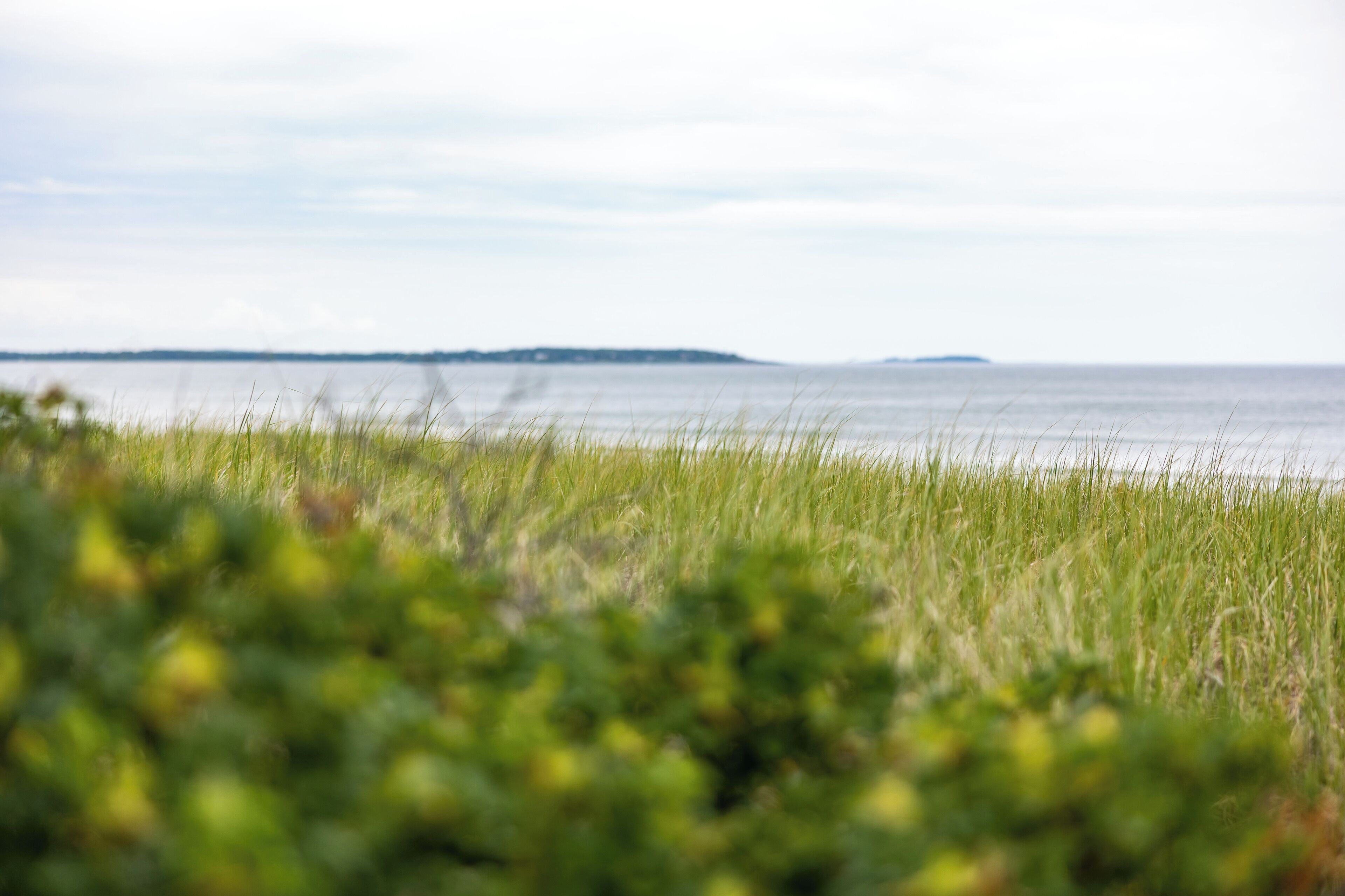 A coastal landscape with a view of the sea and a distant landmass.