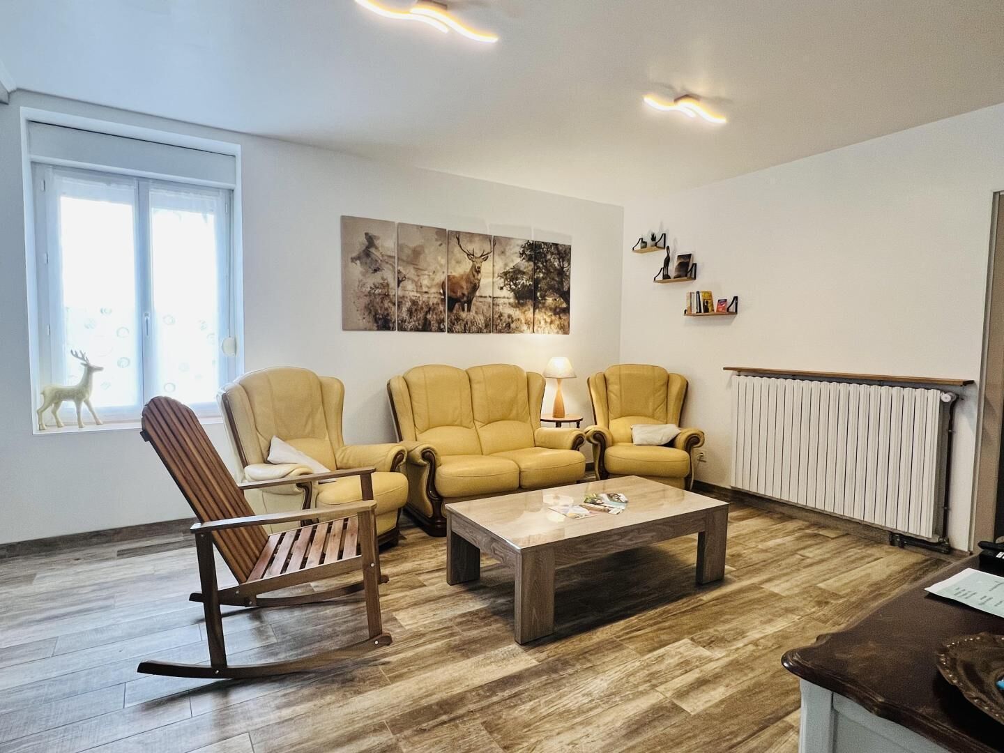Un salon comprenant un ensemble de canapés, un fauteuil à bascule en bois, une table basse et un radiateur.