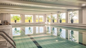 Una piscina con agua cristalina, rodeada de ventanas con plantas en macetas.