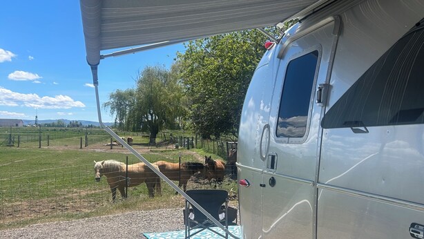 En campingvogn med en overdækket veranda, et hegnede område med heste og et lille bord med en potteplante.