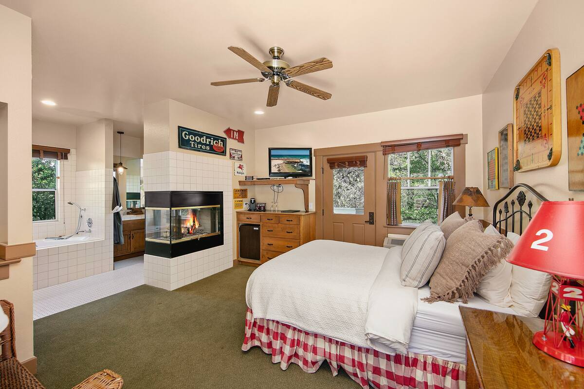 A bedroom with a bed, a fireplace, a television, and a window.