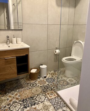 Hair dryer, towels, toilet paper