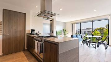 Deluxe Apartment | Private kitchen | Microwave, blender, cookware/dishes/utensils, freezer