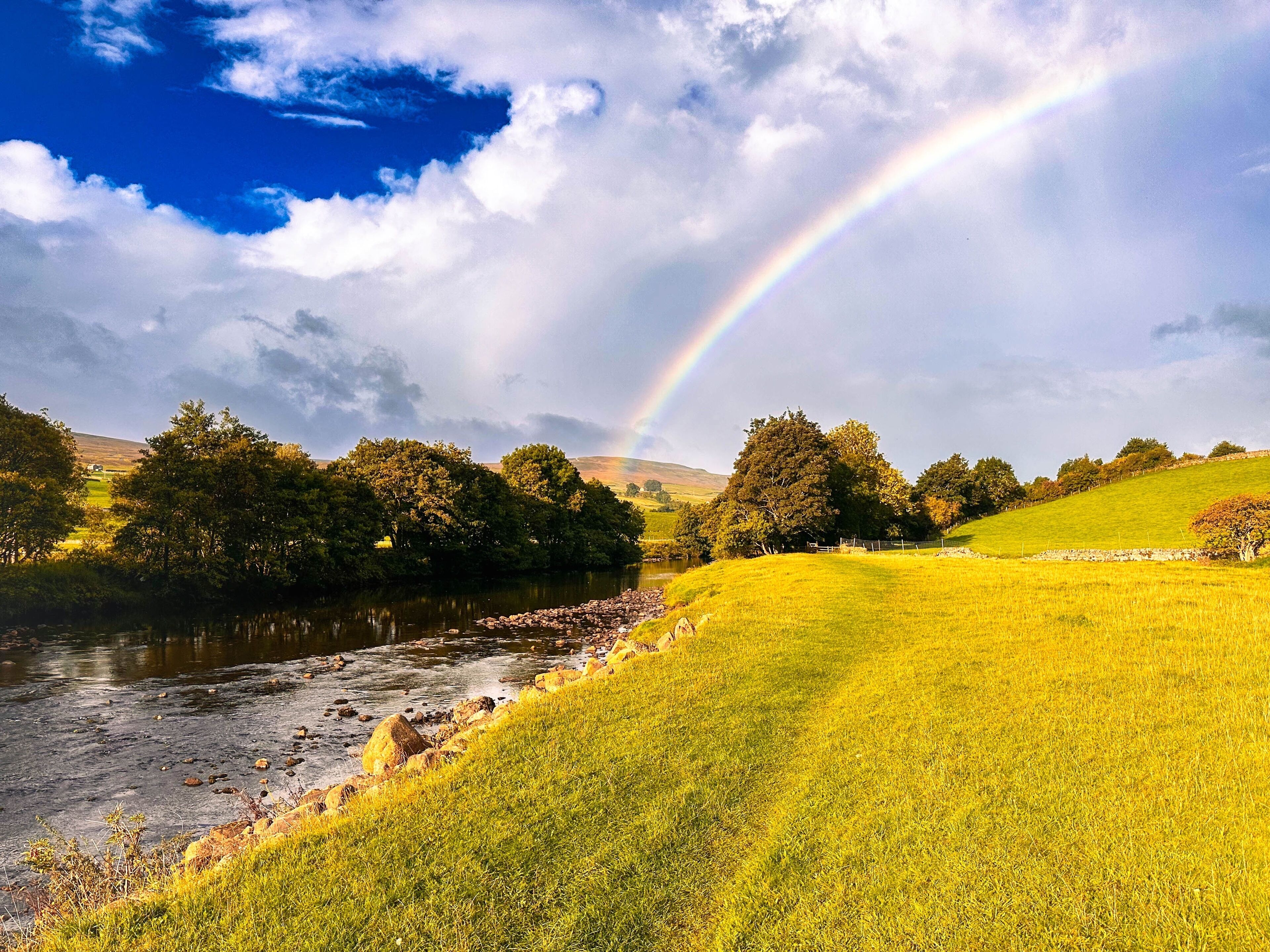 A river with a rainbow, green fields, and trees.