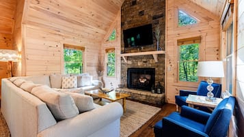 Smart-TV, Kamin, Videospiele, Bücher