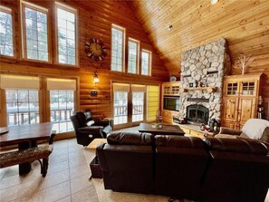 Smart TV, fireplace, books