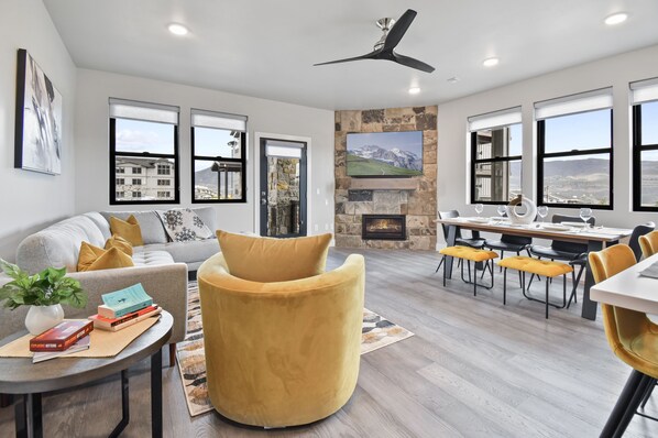 Smart TV, fireplace, books