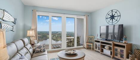 Living Area with Lake Views, Direct Balcony Access, Sleeper Sofa and Flat Screen TV