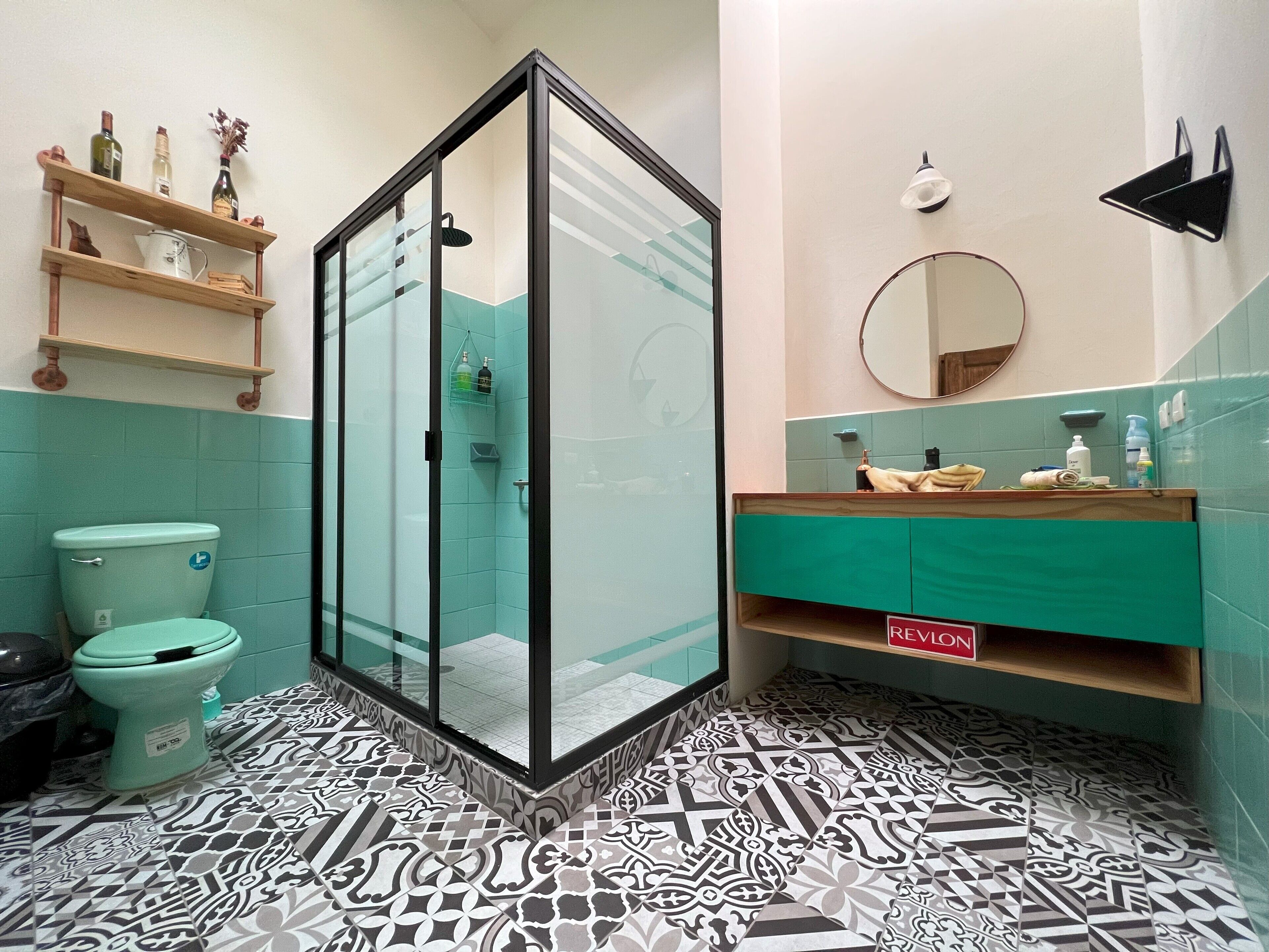 Shower, eco-friendly toiletries, hair dryer, towels
