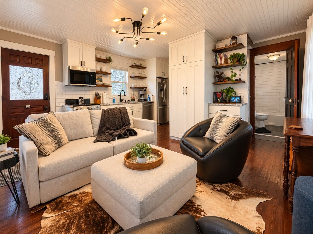 A modern living room with a sofa, ottoman, and leather chair, a kitchen in the background, and a dining area with a wooden table.