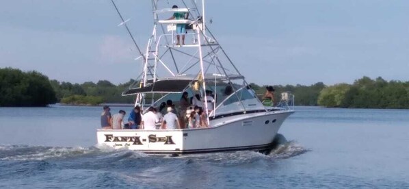 A boat with the name "Fanta Sea" on the side, moving on a body of water. - La Hola Villas (La Herradura)