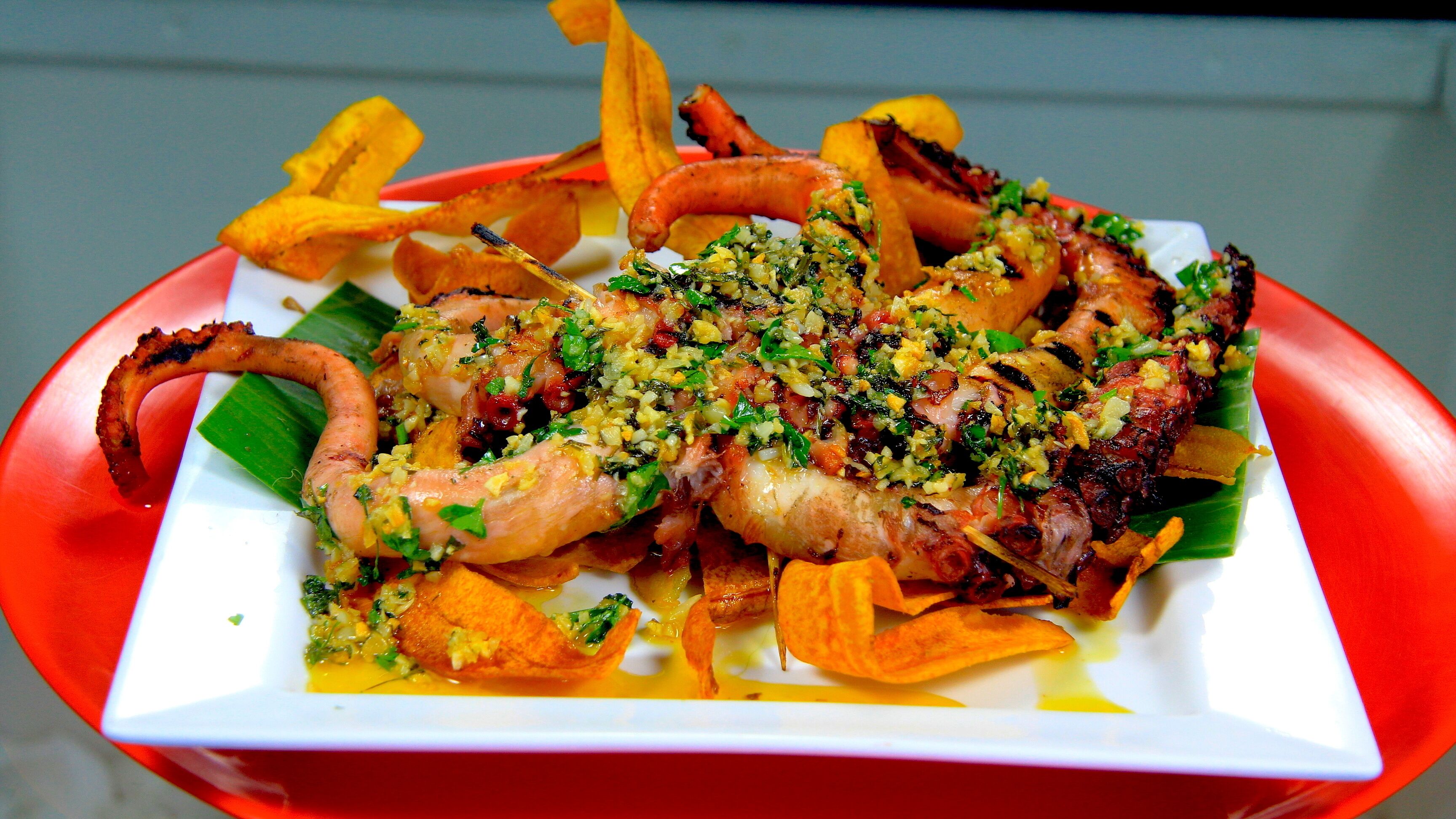 A plate of grilled octopus with vegetables and herbs.