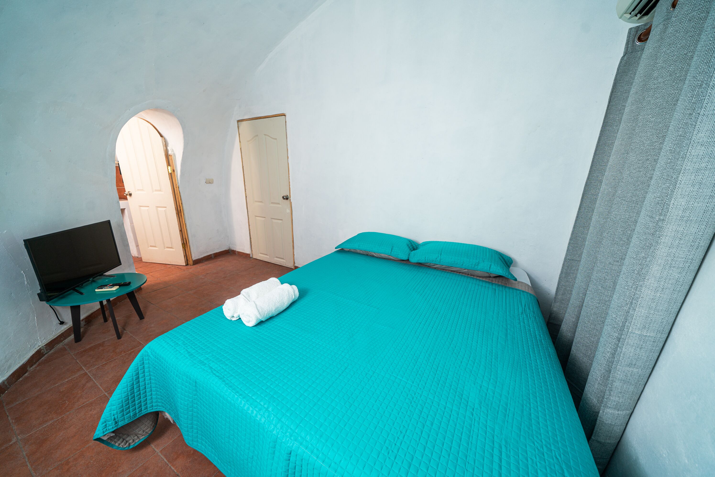 Une chambre à coucher avec un lit, une télévision et une porte.