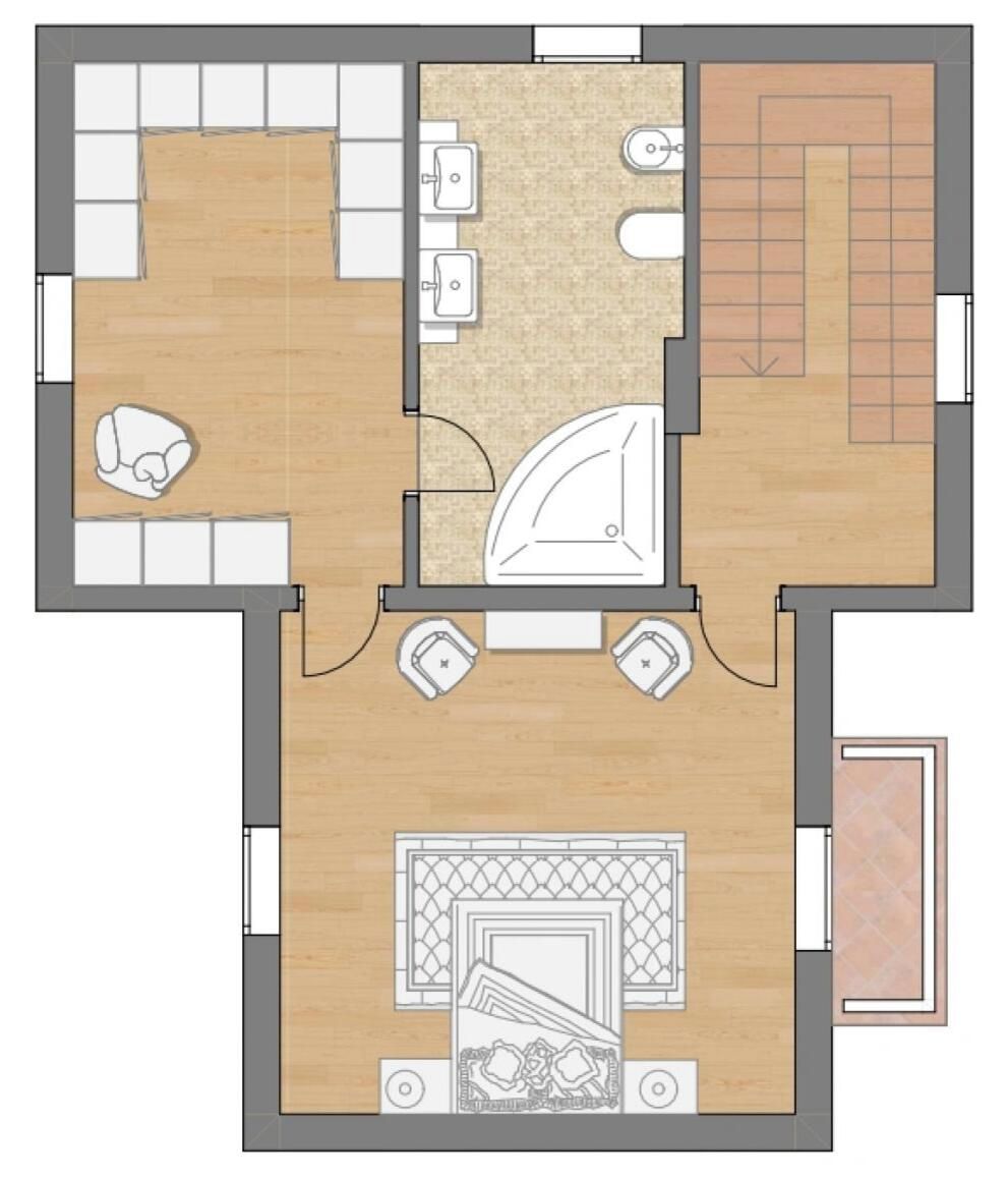 A hotel room layout with a bed, two seating areas, a bathroom, and a small balcony.
