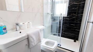 Shower, hair dryer, towels