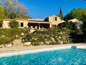 A heated pool, pool loungers
