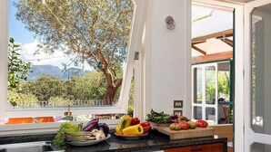 Eine Küche mit Blick auf Berge, ein Holztisch mit Gemüse und ein Bosch Geschirrspüler.