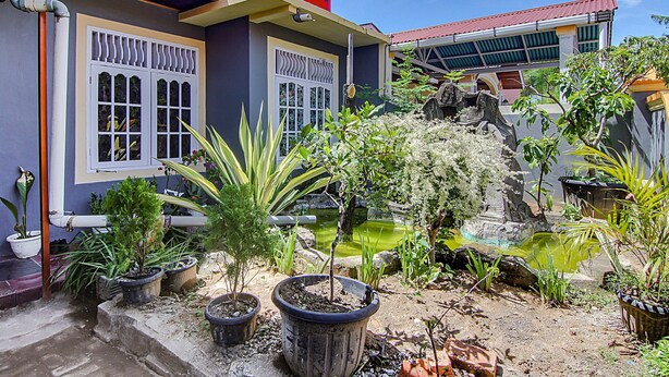 Une cour agrémentée de plantes en pot, un petit étang et un bâtiment doté d’un toit rouge et de fenêtres blanches.
