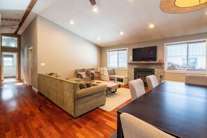 Télévision, cheminée, lecteur de DVD