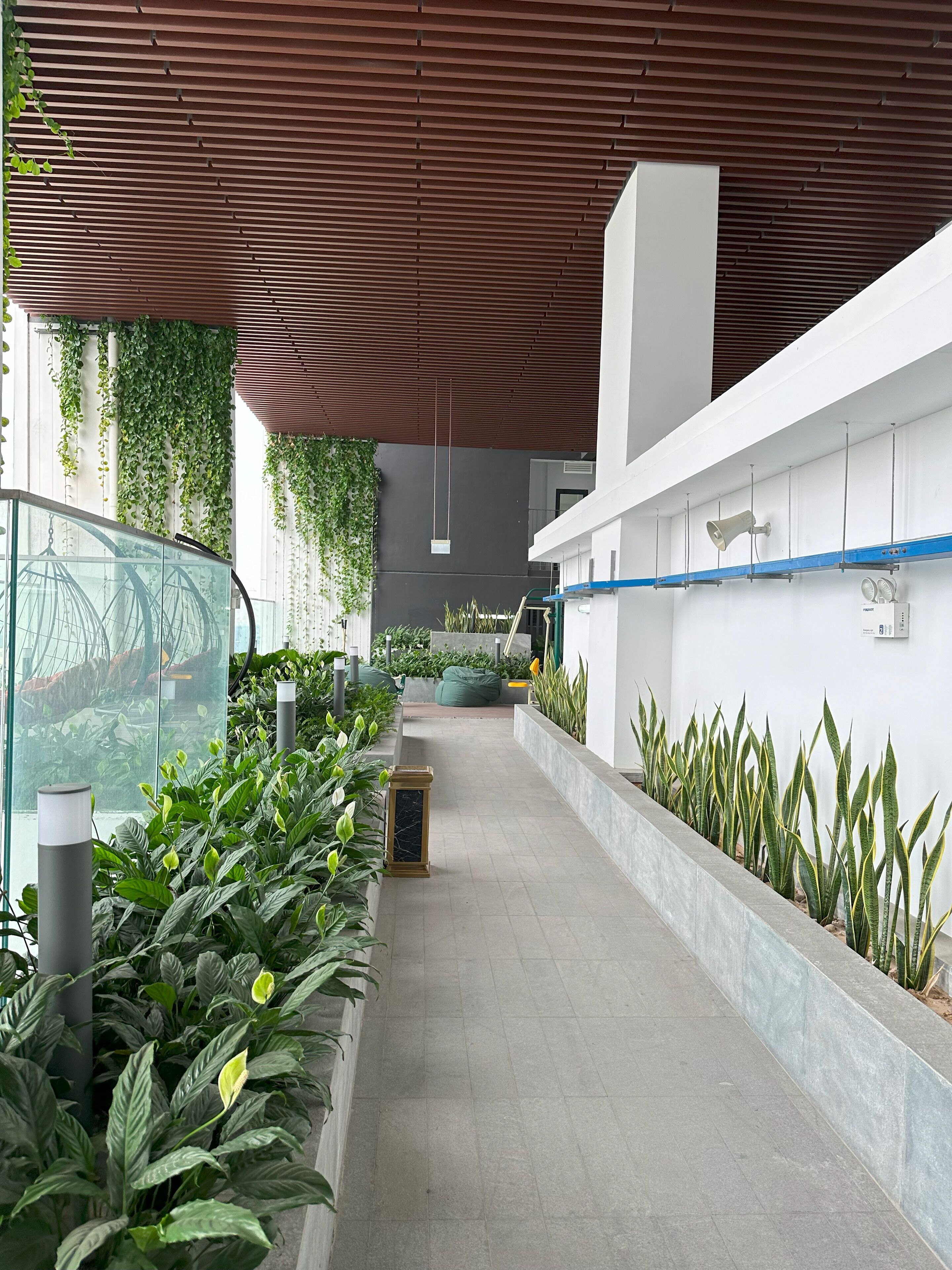 A modern corridor with a glass enclosure on one side, a metal ceiling, and a white wall with a blue stripe.