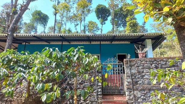 A building with a stone wall, a metal gate, and a blue facade. - Manikkal Bungalow Uphill Cottage Large (Mananthavady)