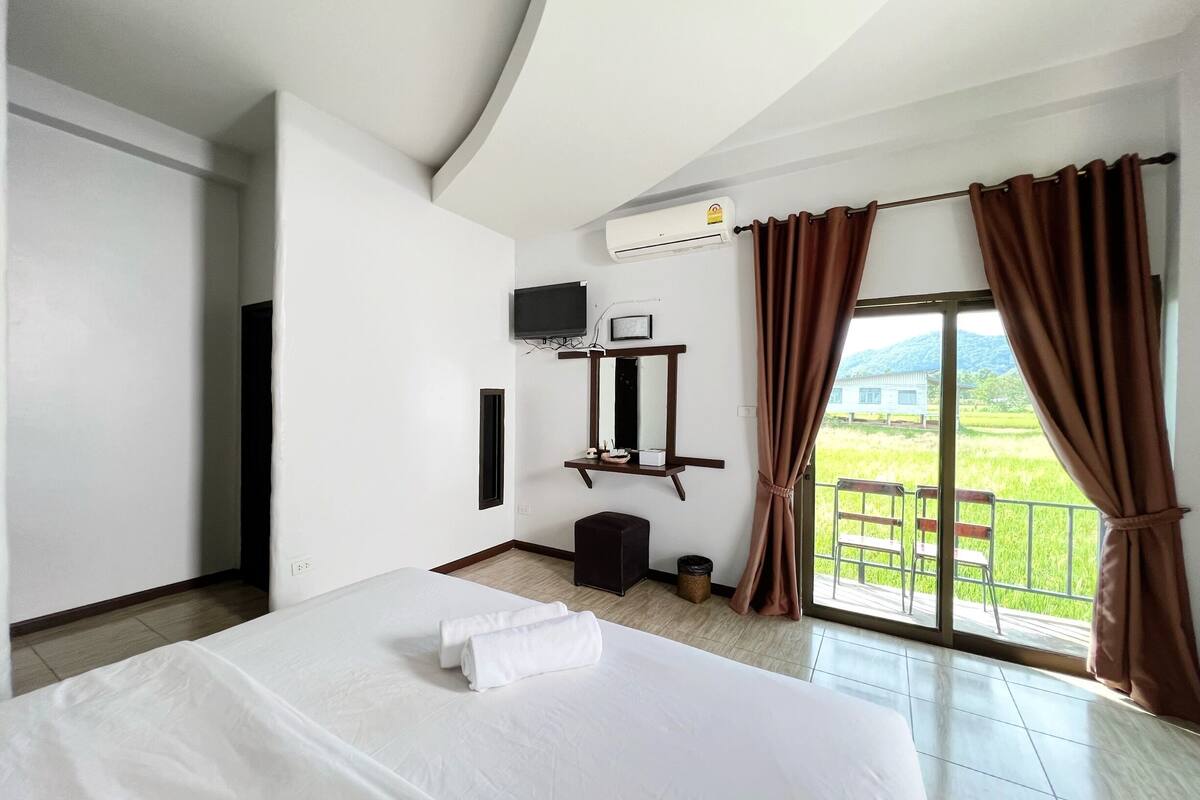 A hotel room with a large bed, a TV mounted on the wall, an air conditioning unit, and a balcony with a view of greenery.